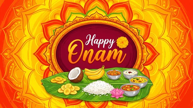 Happy Onam background with traditional food (sadya) served on banana leaf for South India harvest festival. Vector illustration.