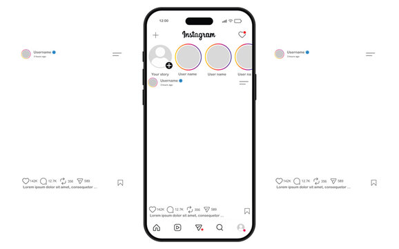 instagram social media post home screen user interface on smartphone mockup. Instagram 2026 mockup.