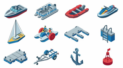 Colorful Isometric Vector Icons of Boats and Marine Equipment. © Kota