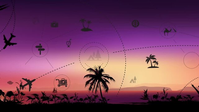 Global travel connects worlds through vibrant icons. Airplanes, beaches, and hotels link continents by design. Modern graphics show adventure and wanderlust. Ideal for tourism, travel agencies