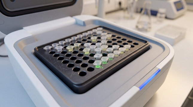 PCR sample tubes loaded into a laboratory thermal cycler for molecular analysis