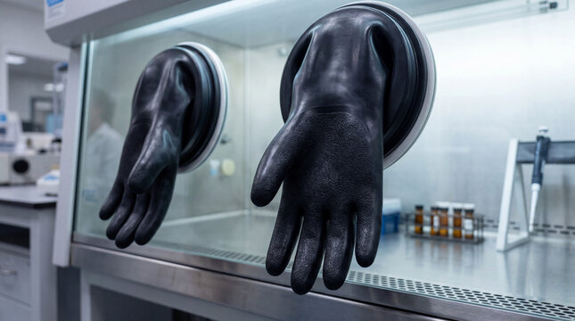 Glove ports on a pharmaceutical biosafety cabinet inside a sterile laboratory