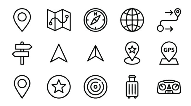 Travel icons featuring various navigation and location symbols on a map