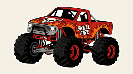 Flat Vector Illustration of a Red Monster Truck with Skull and Fire Graphics, Front 3/4 View, Bold Design with Large Tires and "Skull Fire" Text © Luffi