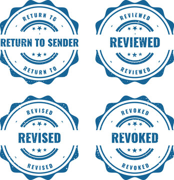 Set of four blue circular rubber stamps featuring text about administrative review and status updates