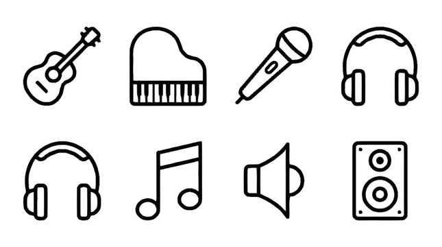 Music icons including guitar, piano, microphone, headphones, and speaker on white