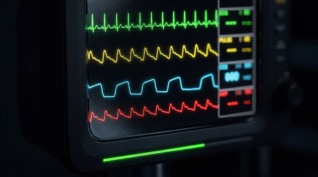 Patient vital signs monitor displaying real time physiological data