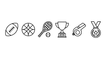Various sports icons including football, basketball, tennis, trophy, and medals on display © dindha