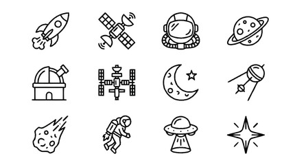Space Exploration Icons Featuring Various Celestial Bodies and Objects in Orbit © dindha