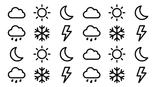 Weather icons show various conditions including sun, moon, clouds, snow, and lightning in a simple graphic style.