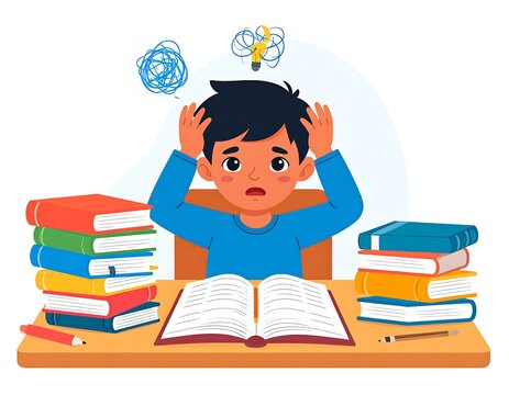 Stressed student overwhelmed by study and schoolwork learning difficulty