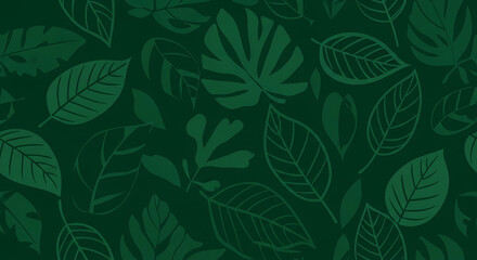 Fototapeta premium Seamless pattern design featuring various tropical leaves in dark green shades created as a modern vector illustration for graphic backgrounds