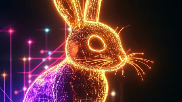 A rabbit is shown in bright colors that glow. The animation features digital designs and lights. The creative display showcases artistic patterns and vivid hues
