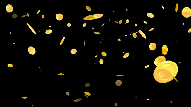 Heavy gold coin rain falling effect and splash, Easily loopable rainy golden coin animation on black screen by motion graphics gold coin rainfall effects.