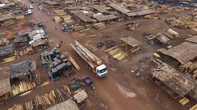 View of an illegal sawmill belonging to the logging industry responsible for deforestation, and a truck transporting felled trees.
