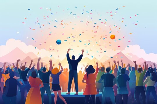 Cheering crowd raising hands in celebration with confetti during a sunset event