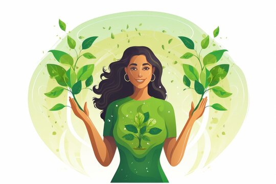 Woman holding growing green plants, symbolizing environmental protection and sustainability