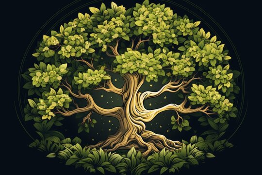 Rooted tree with vibrant green foliage illustrating growth, evolution, and nature cycles within a dark circle