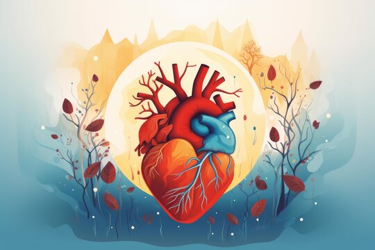 Human heart combining with natural elements and growing branches