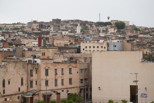 Fez, Morocco, Africa. Ancient medina. Old houses. View from Leather Tannery. 
