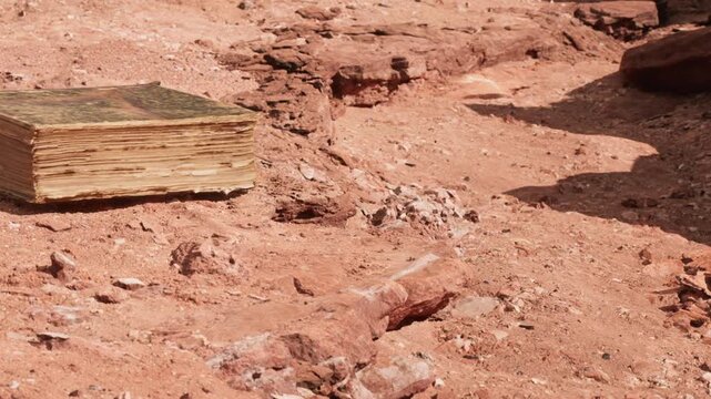 People explore a sandy area where a book lies on the ground. The book rests near some rocks and soil, showing signs of age and wear. The scene captures curiosity and discovery in nature.