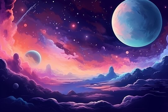 Fantasy space background with visible planets, stars, and atmospheric clouds