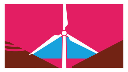 Wind turbine icon stands against a vibrant pink and brown geometric background. © sajida