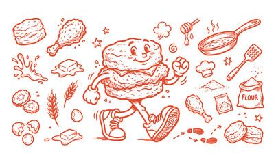 Retro fried chicken sandwich cartoon mascot character with doodle food elements © Avartde