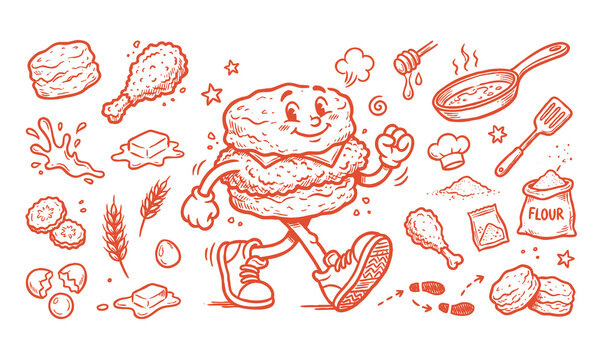 Retro fried chicken sandwich cartoon mascot character with doodle food elements