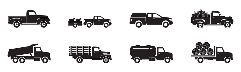 Farm Truck Icon Set. Pickup, Trailer, Dump Truck, Tanker, Timber Carrier, Hay and Pumpkin Harvest. Vector Illustration. © Roberto_Caravelli