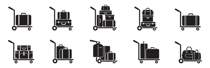 Luggage Trolley Icon Set. Airport Baggage Cart, Travel Suitcases, Hotel Service. Vector Illustration. © Roberto_Caravelli