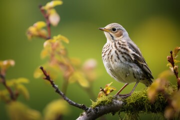 Fototapeta premium Meadow pipit standing on a moss covered branch looking into a natural green background