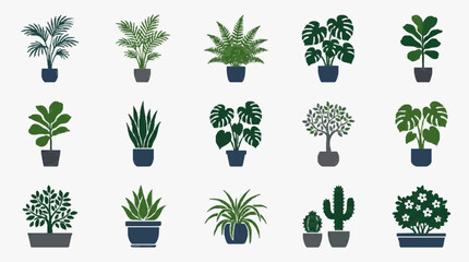 Elegant Collection of 15 Distinct Potted Indoor Plants in Dark Green and Blue Tones for Home Decoration © Dodi