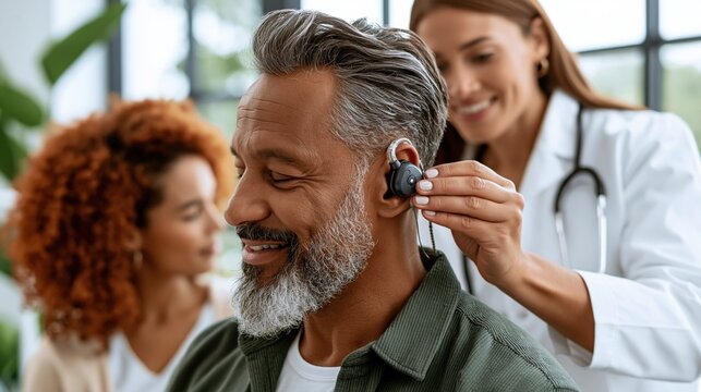 Audiologist adjusting a cochlear implant processor on an adult patient in a bright clinical office
