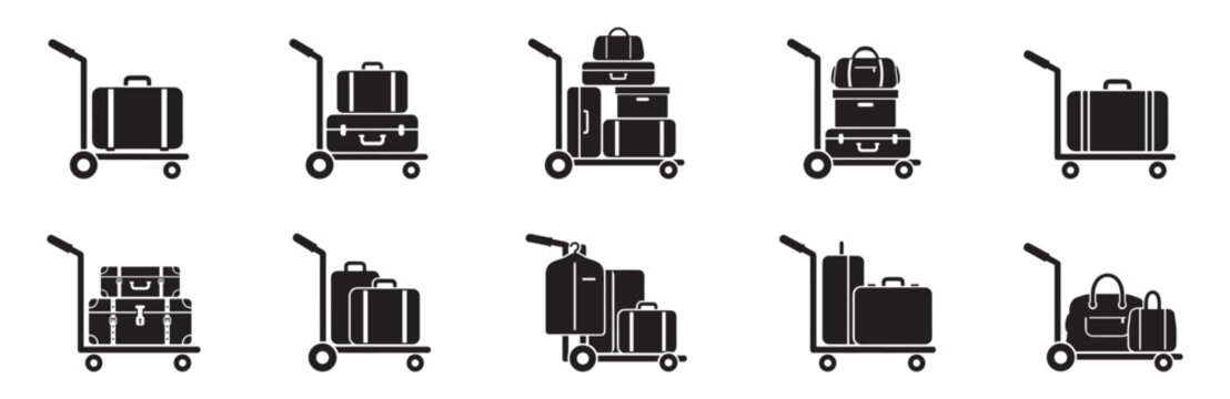 Luggage Trolley Icon Set. Airport Baggage Cart, Travel Suitcases, Hotel Service. Vector Illustration.