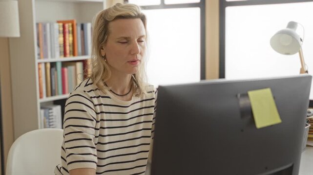 Woman resting chin on hand at computer in a home studio with bookshelf, lamp and sticky note on monitor; boredom remote work.
