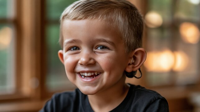 Close-up portrait of a smiling child with a cochlear implant device visible behind their ear