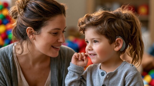 Speech therapist working with a young boy wearing a cochlear implant during a listening and speech session