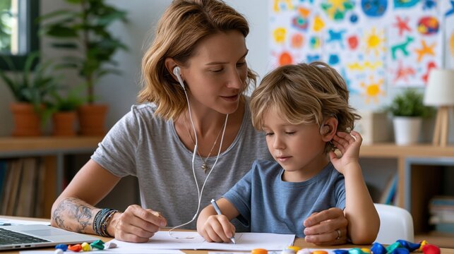 Speech therapist working with a young boy wearing a cochlear implant during a listening and speech session