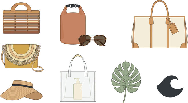 Summer beach bag and vacation accessories vector collection featuring stylish handbags sunglasses tropical leaf and minimalist travel essentials