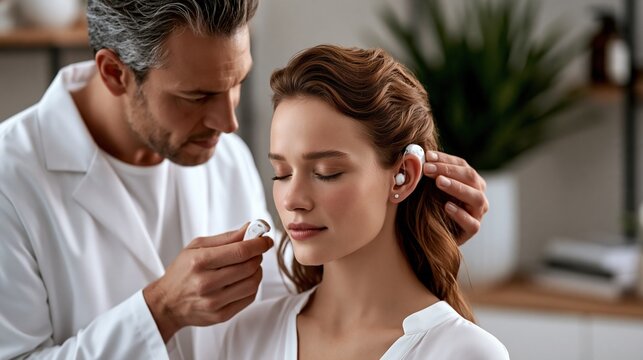 Split banner, doctor fitting cochlear implant processor on patient left side, calm clinical negative space right for headline text