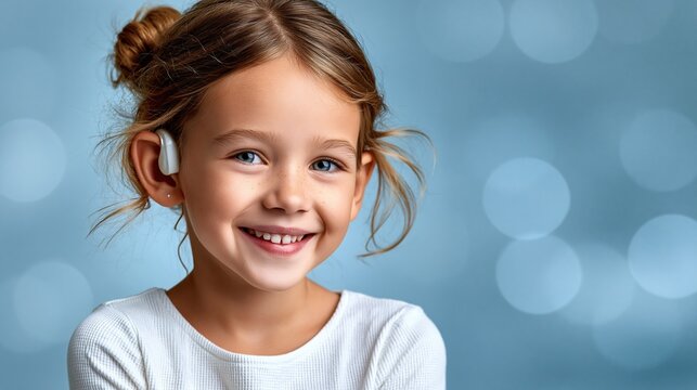 Wide banner composition, smiling child with cochlear implant on left side, right side soft blue gradient negative space for text overlay