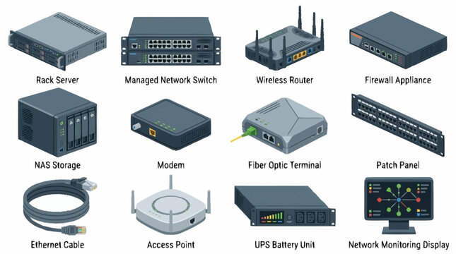 Collection of Networking and Server Hardware Devices.