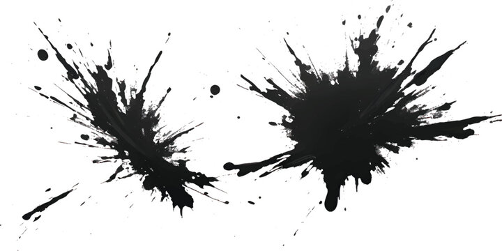 Two black ink splashes with fine particles radiating outwards abstract art ink splash paint explosion liquid dynamic energetic motion texture