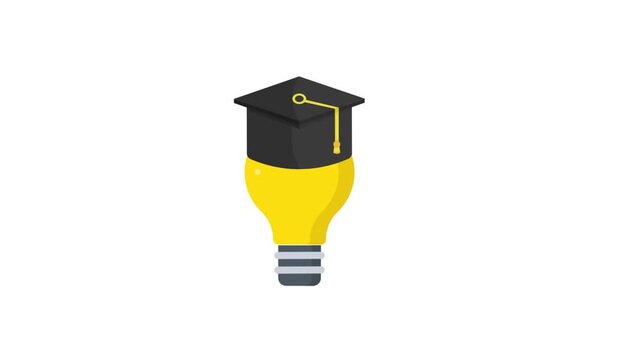 Flat vector education concept animation with a glowing lightbulb wearing a graduate student mortarboard hat