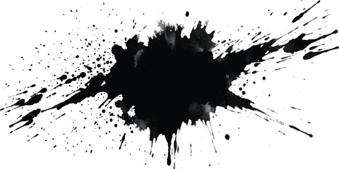 Obraz premium A black ink splat and blot background featuring a grunge paint splatter texture with spray brush drips and artistic graffiti stains for a dirty vector design illustration element