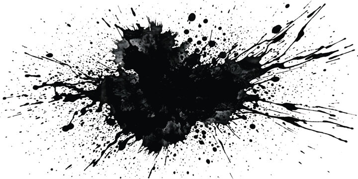 Black paint splatter on white background with drips and splashes everywhere  abstract art