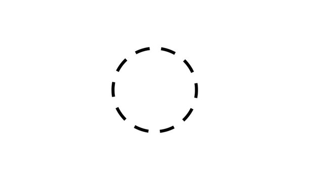 Flat vector abstract geometry animation showing black dashed line circle rotating on white background