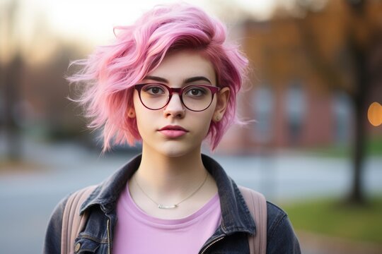 Young woman with dyed pink hair and glasses looking directly at camera outdoors
