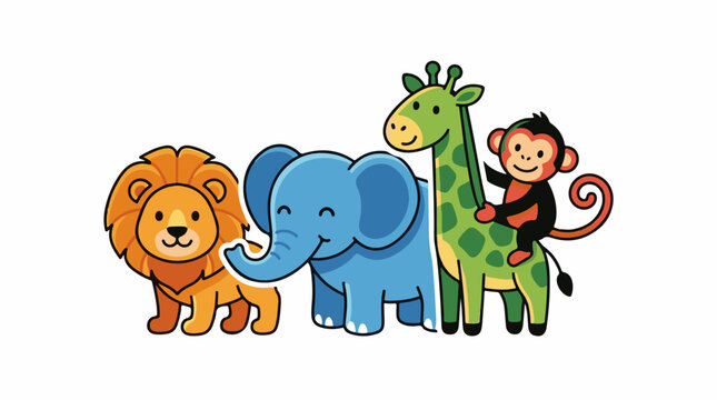 Cute cartoon lion elephant giraffe and monkey on white